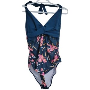 Unbranded Women's Swimsuit Small Green Floral One Piece Ruched Halter NWOT